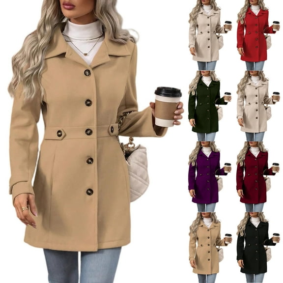 Stichou Women's Lapel Collar Wool Blend Coat Single Breasted Belted Mid Length Trench Coat for Fall Winter Khaki S