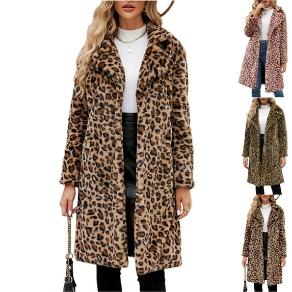 Stichou Women's Leopard Faux Fur Long Jacket Lapel Open Front Shaggy Shearling Flurry Peacoat with Pockets Brown M