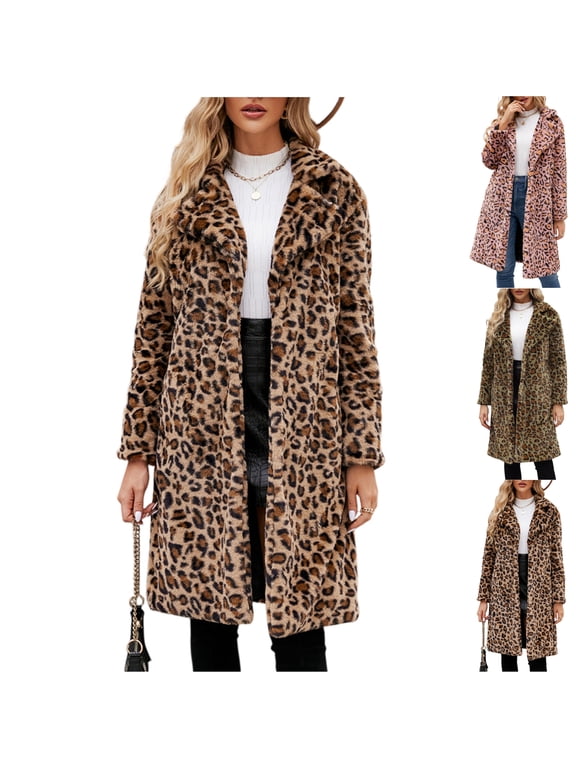 Women's Leopard Faux Fur Long Jacket Lapel Open Front Shaggy Shearling Flurry Peacoat with Pockets Brown M