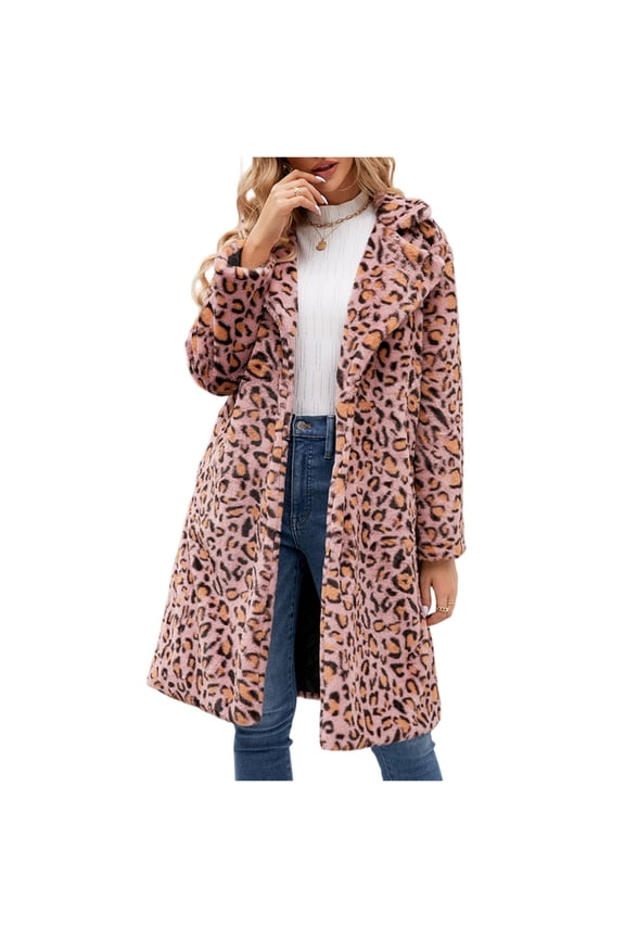 Women's Leopard Faux Fur Long Jacket Lapel Open Front Shaggy Shearling Flurry Peacoat with Pockets Pink 2XL