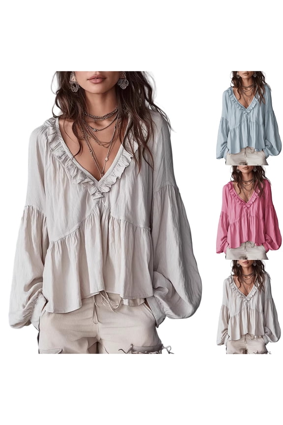 Women's Linen Tops V Neck Long Puff Sleeve 2026 Casual Frill Trim Ruffle Babydoll Loose Tunic Blouses White XL