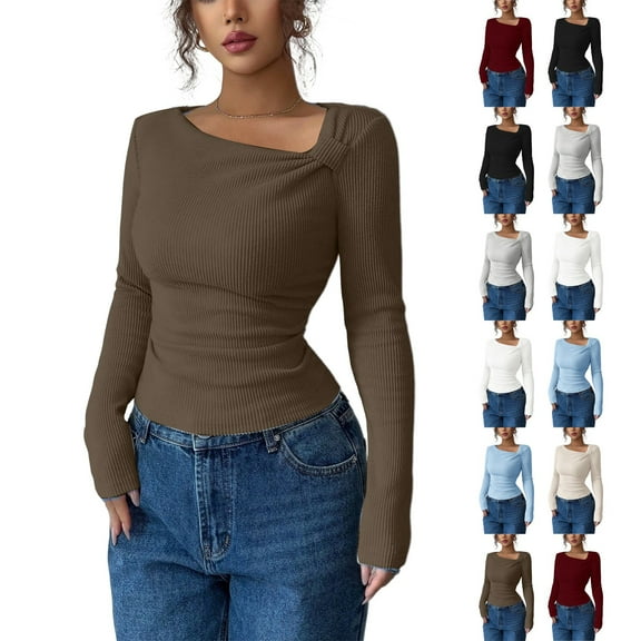 Stichou Women's Long Sleeve Asymmetrical Cowl Neck Ribbed Tops Fall Winter Fashion Dressy Shirt Going Out Top Coffee 2XL