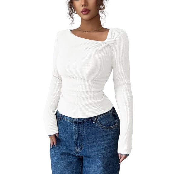 Stichou Women's Long Sleeve Asymmetrical Cowl Neck Ribbed Tops Fall Winter Fashion Dressy Shirt Going Out Top White 2XL