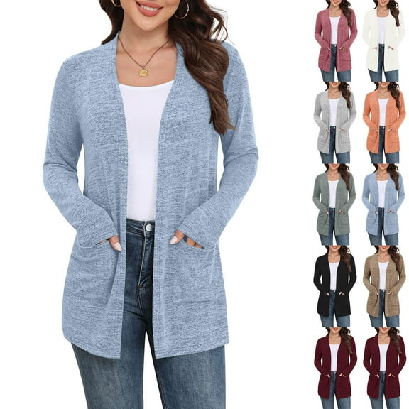 Stichou Women's Long Sleeve Cardigan Lightweight Casual Open Front Cardigans with Pockets Light Blue S