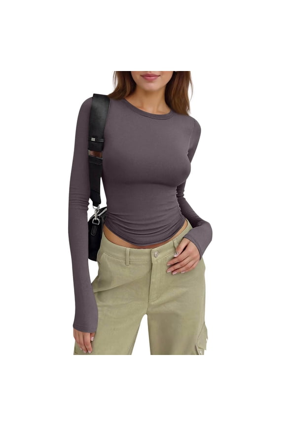 Women's Long Sleeve Crop Top - 2026 Spring Summer Stretchy Comfort Fit, Casual & Workout Wear Gray M