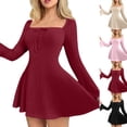 thumbnail image 1 of Stichou Women's Long Sleeve Ribbed Knit Short Dresses 2026 Spring Square Neck A-Line Casual Wedding Guest Winter Sweater Dress Wine 2XL, 1 of 6