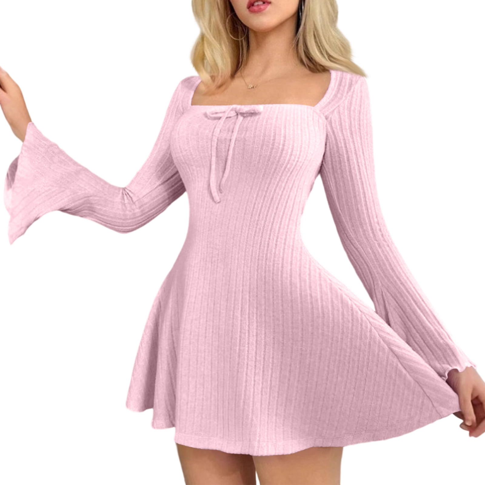 winter to spring dresses Stichou Square Neck Dress for Women Casual Long Sleeve Knit Pleated Elegant Classy 2026 A Line Cocktail Mini Khaki M, Women's Long Simple Prom Dresses Formal ​Evening ​Halter Dress​​ Color:Periwinkle Silver