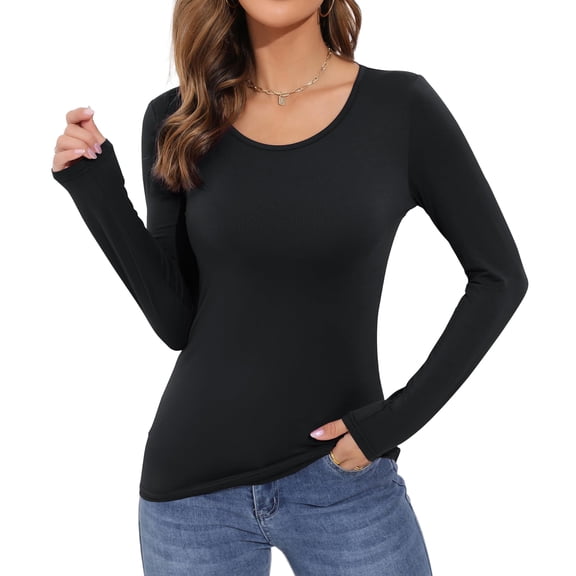 Stichou Women's Long Sleeve T-Shirt Scoop Neck Rayon Slim Fit Stretchy Layer T Shirts Tops Black L