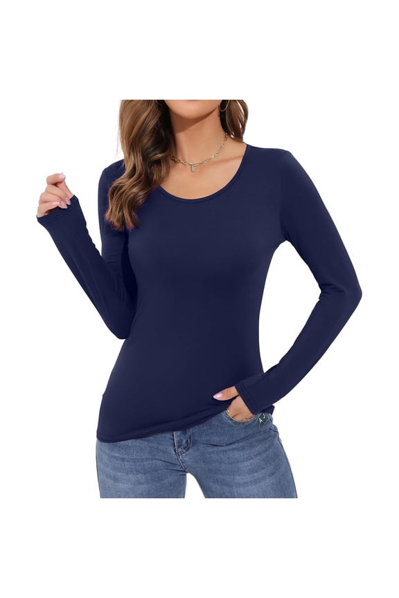 Women's Long Sleeve T-Shirt Scoop Neck Rayon Slim Fit Stretchy Layer T Shirts Tops Navy L