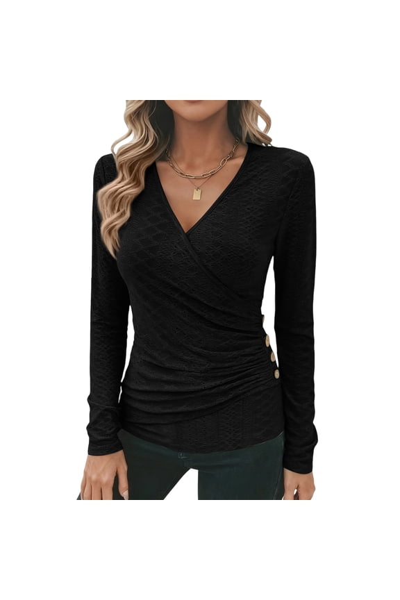 Women's Long Sleeve Wrap Crossover Tops Fashion Casual V Neck Shirts Solid Color Ruched Slim Blouses Tunic Top Black M