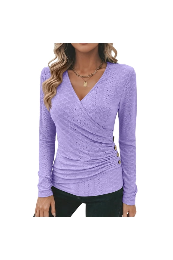 Women's Long Sleeve Wrap Crossover Tops Fashion Casual V Neck Shirts Solid Color Ruched Slim Blouses Tunic Top Light Purple M