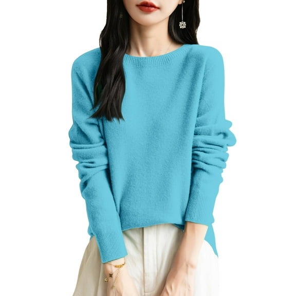 Stichou Women's Merino Wool Crew Neck Long Sleeve Fall Lightweight Basic Knit Pullover Sweater Sky Blue XL