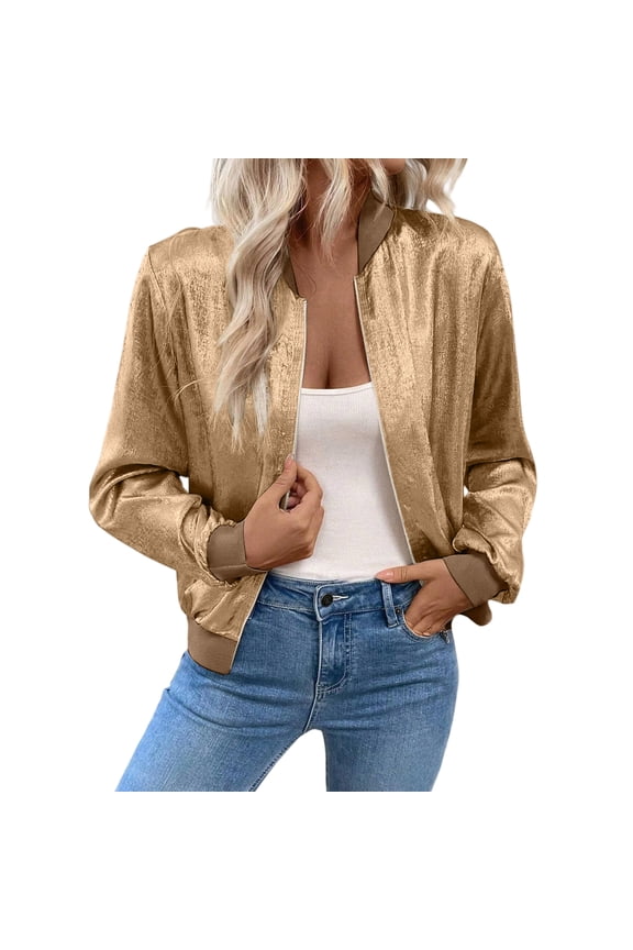 Women's Metallic Bomber Jacket Trendy Sparkly Coats for Nights Going Out Casual Spring Fall Outerwear Zip Up Yellow 3XL