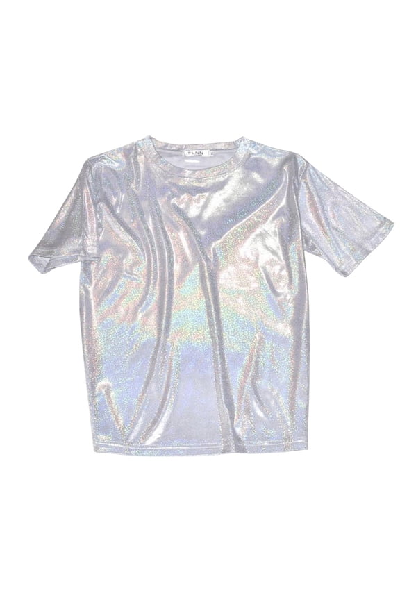 Women's Metallic Tops Short Sleeve Crew Neck 2026 Summer Fashion Shiny Tees Glitter Sparkle Shirt for Party Club Concert White XL
