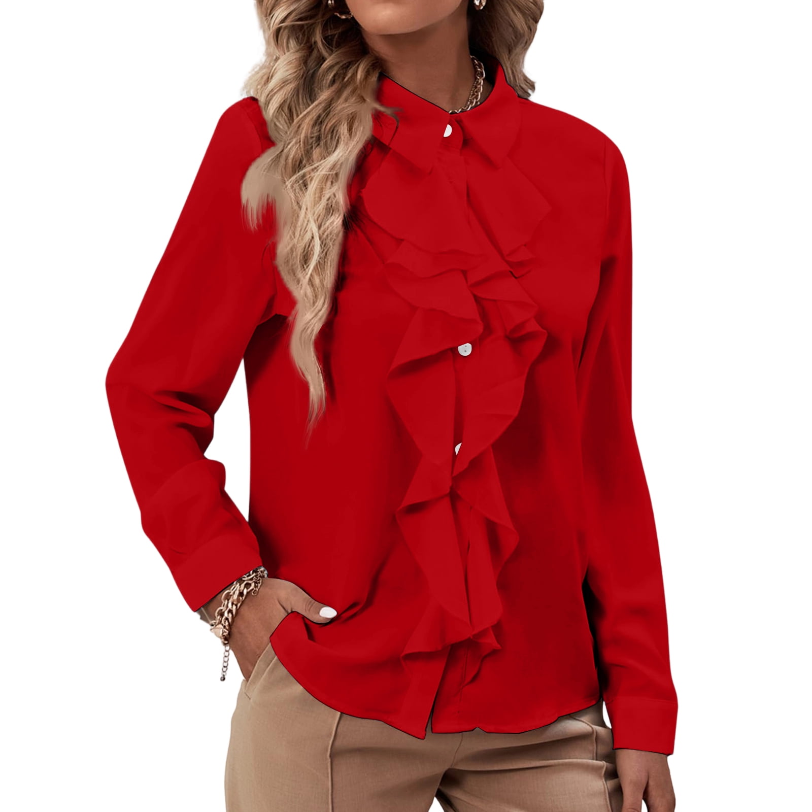 Work By Spring Formula Stichou Women's Mock Neck Button Down Ruffle Front Long Sleeve Summer ...
