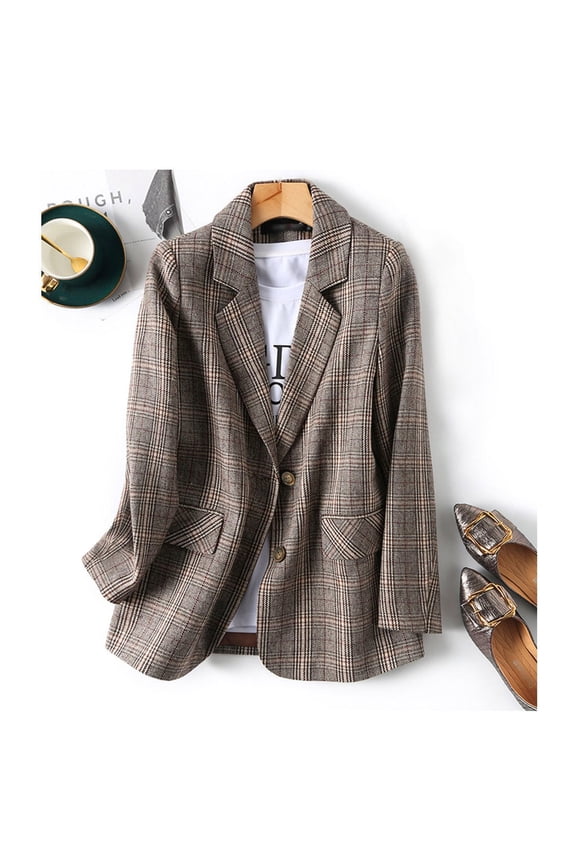 Women's Notched Lapel Button Boyfriend Blazer Suit Plaid Work Office Blazers Jacket Coffee L