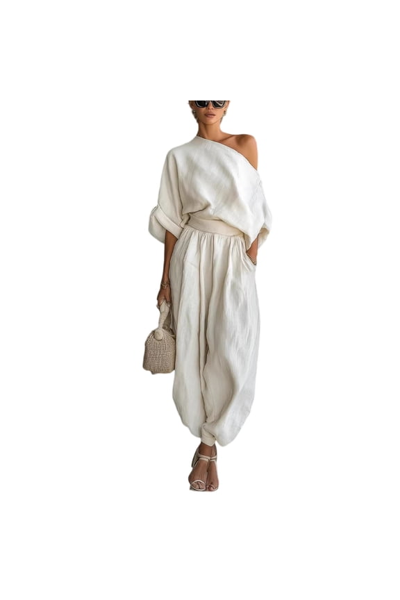 Women's Off-Shoulder Loose Fit Casual Tops & Tapered Pants Set 2026 Spring Summer Pants Lounge 2 Piece With Pockets White M