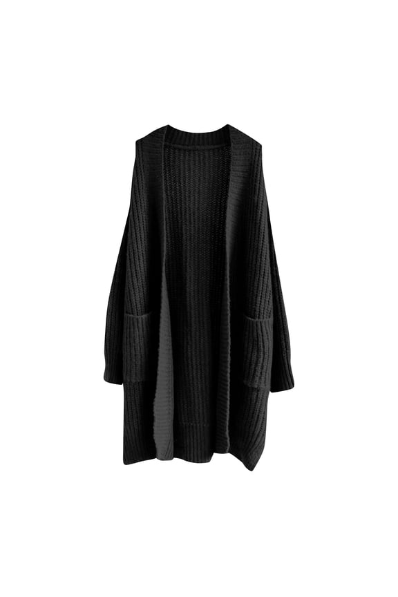 Women's Open Front Cardigan Oversized Chunky Knit Sweater Long Lantern Sleeve Outwear with Pocket 2025 Fashion Black XL