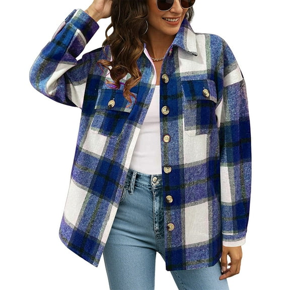 Stichou Women's Plaid Jacket Casual Long Sleeve Lapel Shirts Cozy Button Down Tops Boyfriend Shirts with Pocket Navy L