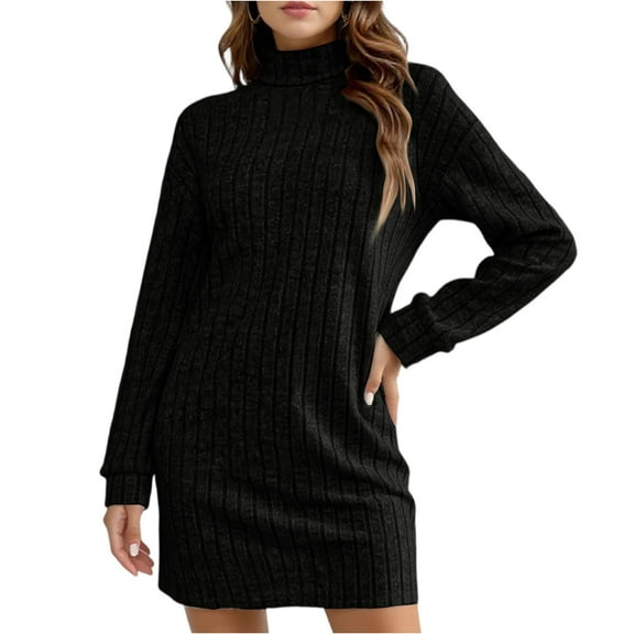Stichou Women's Pullover Sweater Dress Casual Turtleneck Ribbed Long Lantern Sleeve Mini Knit Dresses Fall Fashion Black L