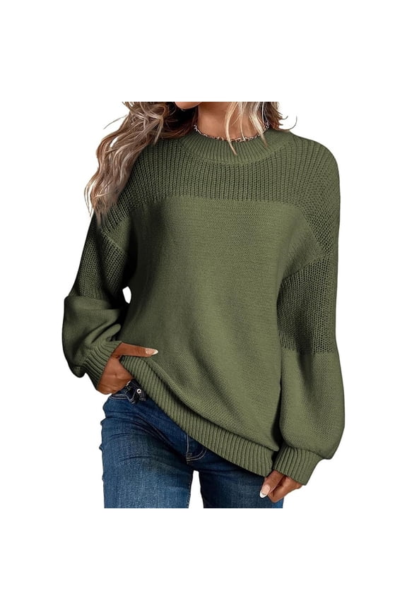 Women's Pullover Sweaters Casual Long Sleeve Crewneck Loose Knit Jumper Tops Army Green 2XL
