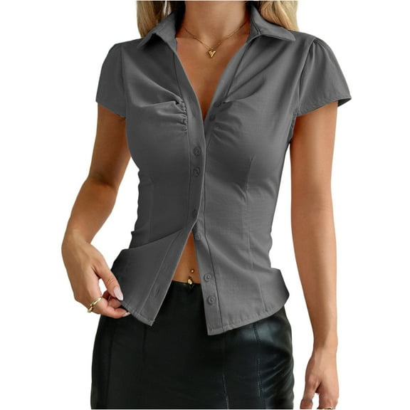 Stichou Women's Ruched Button Up Blouses Collar V Neck Short Sleeve Cinched Waist Coquette Work Shirt Dark Gray M