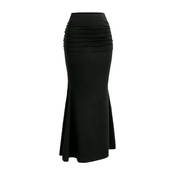 Stichou Women's Ruched Fishtail Maxi Skirt Elastic High Waisted Long Bodycon Skirts Black S