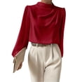 thumbnail image 1 of Stichou Women's Satin Blouse 2026 Pleated Mock Neck Puff Sleeve Dressy Casual Top Red M, 1 of 5