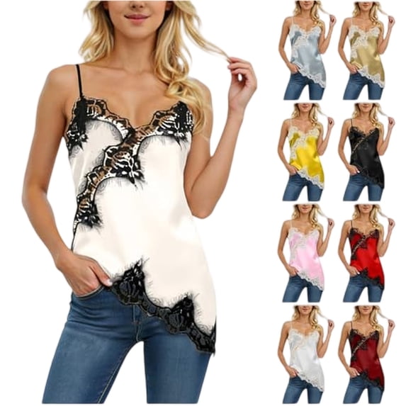 Stichou Women's Satin Lace Cami Tops Y2k Asymmetrical Camisole Spaghetti Strap Side Slit 2026 Tank Top Trendy Going Out Tops White XL