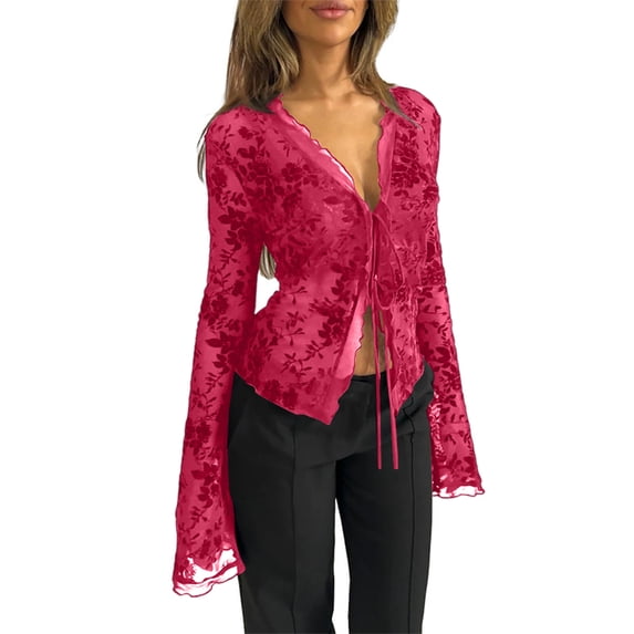 Stichou Women's Sheer Bell Long Sleeve Crop Tops 2026 Y2K Spring Summer Mesh Tie Front Gothic Concert Going Out Tops Trendy Dressy Red L