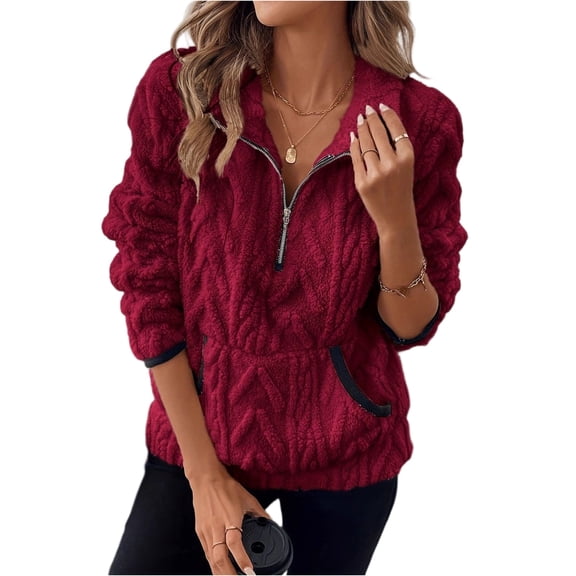 Stichou Women's Sherpa Fuzzy Fleece Pullover Sweatshirt Long Sleeve Cozy Zip Up Hoodie Jacket 2025 Fall Fashion Clothes Wine S