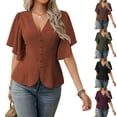 thumbnail image 1 of Stichou Women's Shirts Casual V Neck Tops Half Sleeve Elegant Spring Summer Fashion Blouses Solid Button Blouses Brown S, 1 of 7