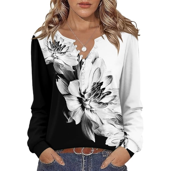 Stichou Women's Shirts Henley Loose Fit Floral Graphic Tops Long Sleeve Comfy Button Blouses Winter Trendy T Shirts Gray S