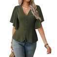 thumbnail image 1 of Stichou Women's Shirts Long Sleeve Dressy Spring Casual Classic Elegant V-Neck Button Decorated Flare Sleeve Fashion Blouses Army Green L, 1 of 6