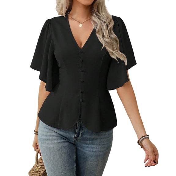 Stichou Women's Shirts Long Sleeve Dressy Spring Casual Classic Elegant V-Neck Button Decorated Flare Sleeve Fashion Blouses Black L