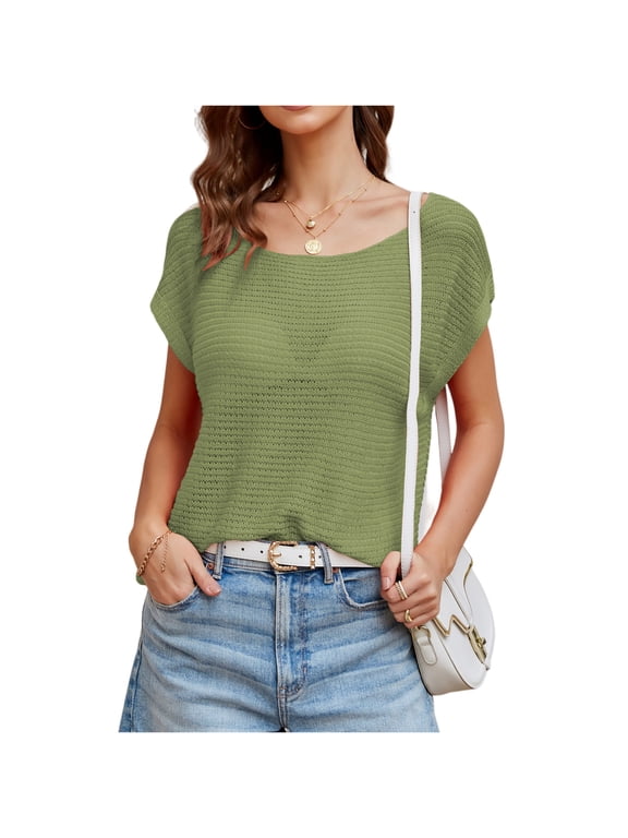 Women's Short Sleeve Crochet Sweater Tops Trendy Summer Hollow Crewneck Knit Boho Casual Spring Blouses Crop Top Green L