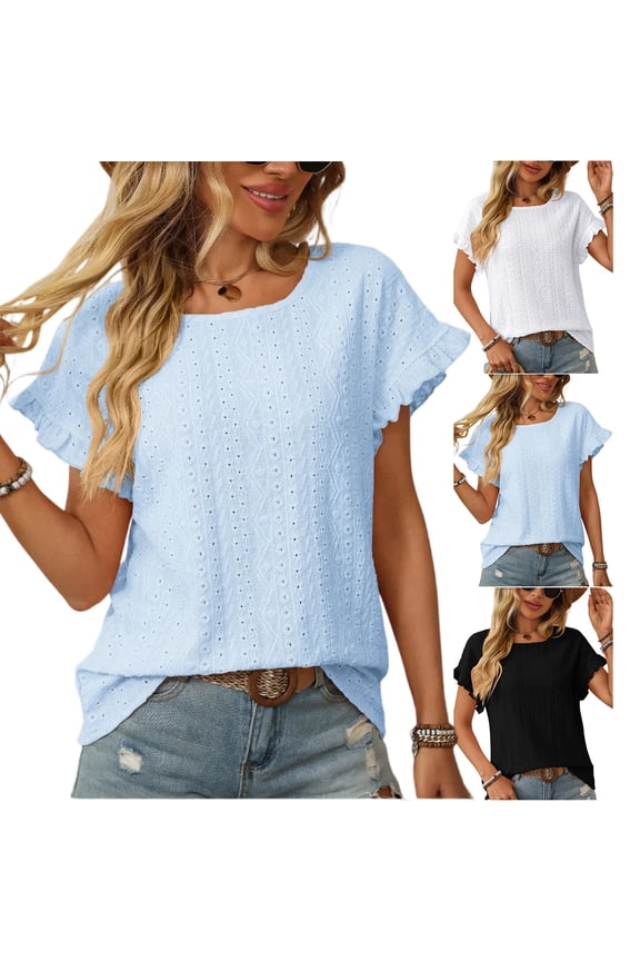 Women's Short Sleeve Shirts Hollow Out Solid Color Crew Neck Blouse Casual Workwear Top for Office and Daily Wear Blue M