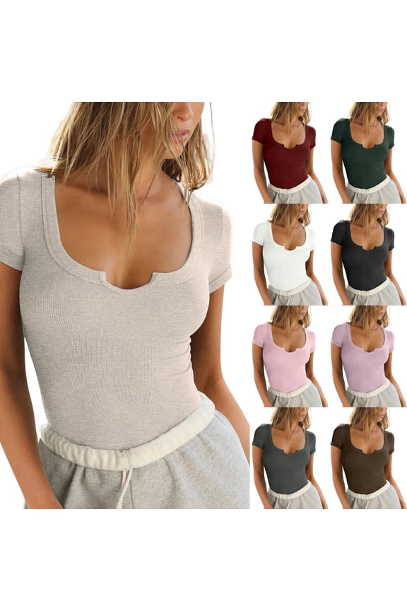 Women's Short Sleeve T-Shirts Form Fitting Summer Spring Knit V Notch Scoop Neck Basic Crop Top Light Gray M