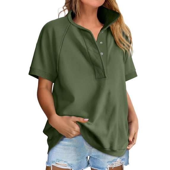 Stichou Women's Short Sleeve Tops Oversized Lightweight Sweatshirt Polo Shirts 2026 Summer Casual Button Pullover Top Spring Outfits Army Green L