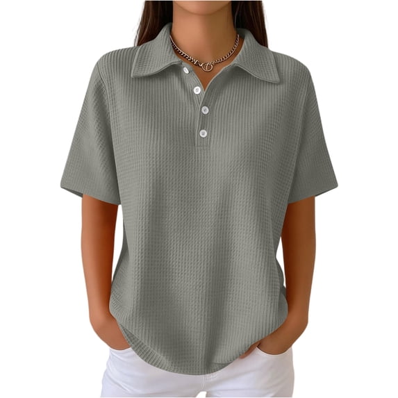 Stichou Women's Short Sleeve Waffle Knit Polo Shirt V-Neck Button Down Slim Fit Stretchy Casual Tops Gray 2XL