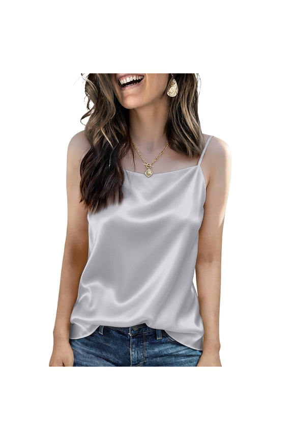 Women's Silk Satin Camisole Cowl Neck Tank Top Cami Silky Spring Summer Basic Tank Shirt Blouses Light Gray 2XL