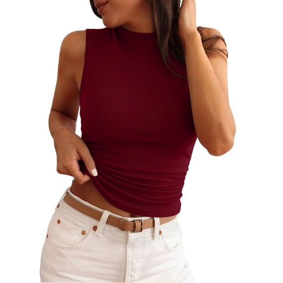 Stichou Women's Sleeveless Tops Ribbed Mock Neck Tank Top Slim Fitted Ruched Basic Layering Shirts 2026 Summer Spring Going Out Y2k Clothes Deep Red L
