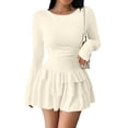 thumbnail image 1 of Stichou Women's Spring Long Sleeve Dresses 2026 Mock Neck Ruched Y2K Clothes Ruffle Layered Bodycon Mini Party Dress Beige M, 1 of 6