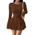 thumbnail image 1 of Stichou Women's Spring Long Sleeve Dresses 2026 Mock Neck Ruched Y2K Clothes Ruffle Layered Bodycon Mini Party Dress Coffee M, 1 of 6