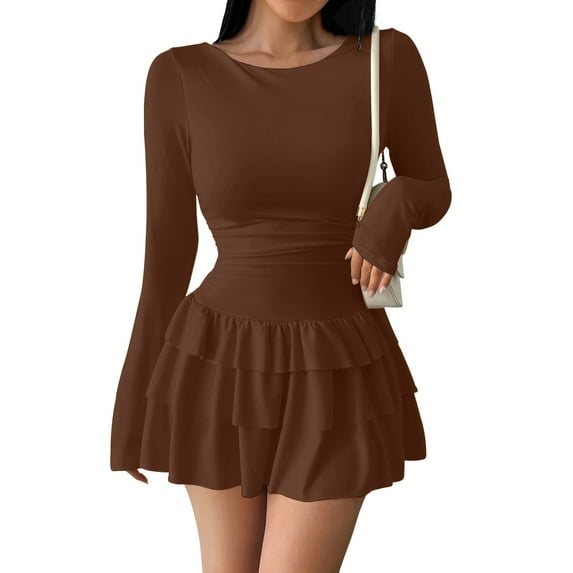 Stichou Women's Spring Long Sleeve Dresses 2026 Mock Neck Ruched Y2K Clothes Ruffle Layered Bodycon Mini Party Dress Coffee M
