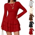thumbnail image 1 of Stichou Women's Spring Long Sleeve Dresses 2026 Mock Neck Ruched Y2K Clothes Ruffle Layered Bodycon Mini Party Dress Red M, 1 of 7