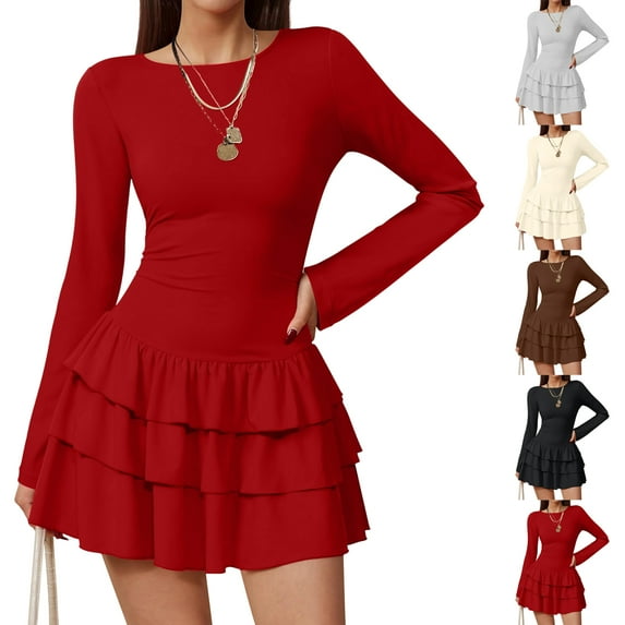 Stichou Women's Spring Long Sleeve Dresses 2026 Mock Neck Ruched Y2K Clothes Ruffle Layered Bodycon Mini Party Dress Red M