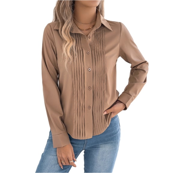 Stichou Women's Spring Tops 2026 Pleated Front Button Down Long Sleeve Lapel Collared Blouses Casual Slim Fit Solid Work Tops Khaki L