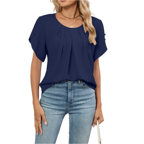 Stichou Women's Spring Tops Dressy Casual Pleated Scoop Neck Half Sleeve Shirts Office Work Chiffon Blouses Navy 2XL