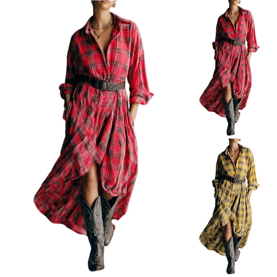 Stichou Women's Spring Vintage Plaid Maxi Shirt Dresses Long Sleeve Button Down Swing Long Dress Red L